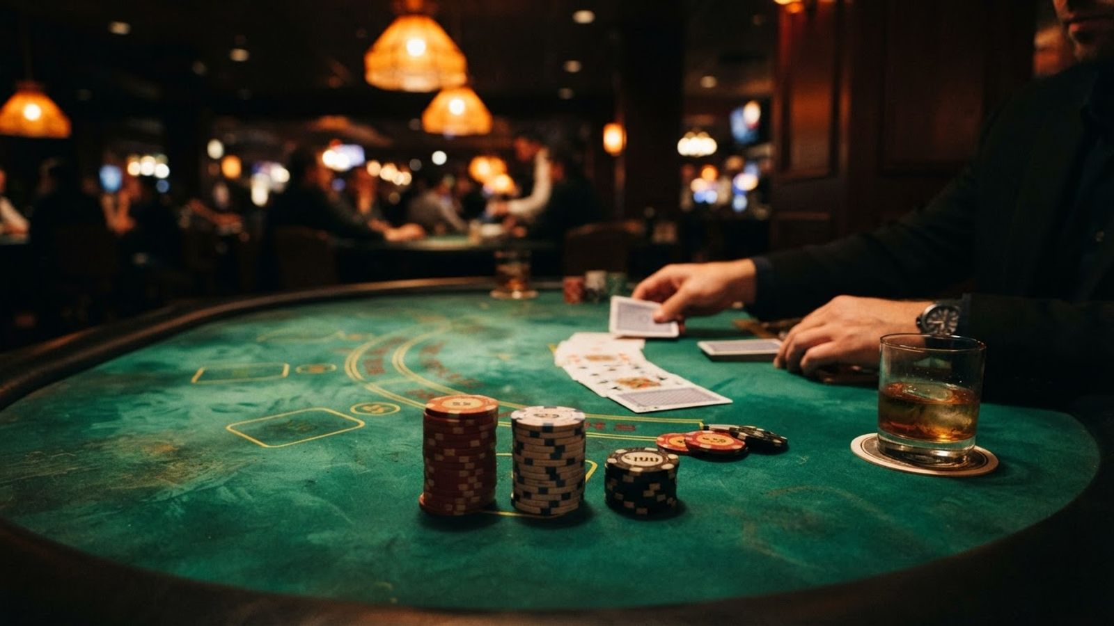 Table de casino avec cartes et jetons empilés