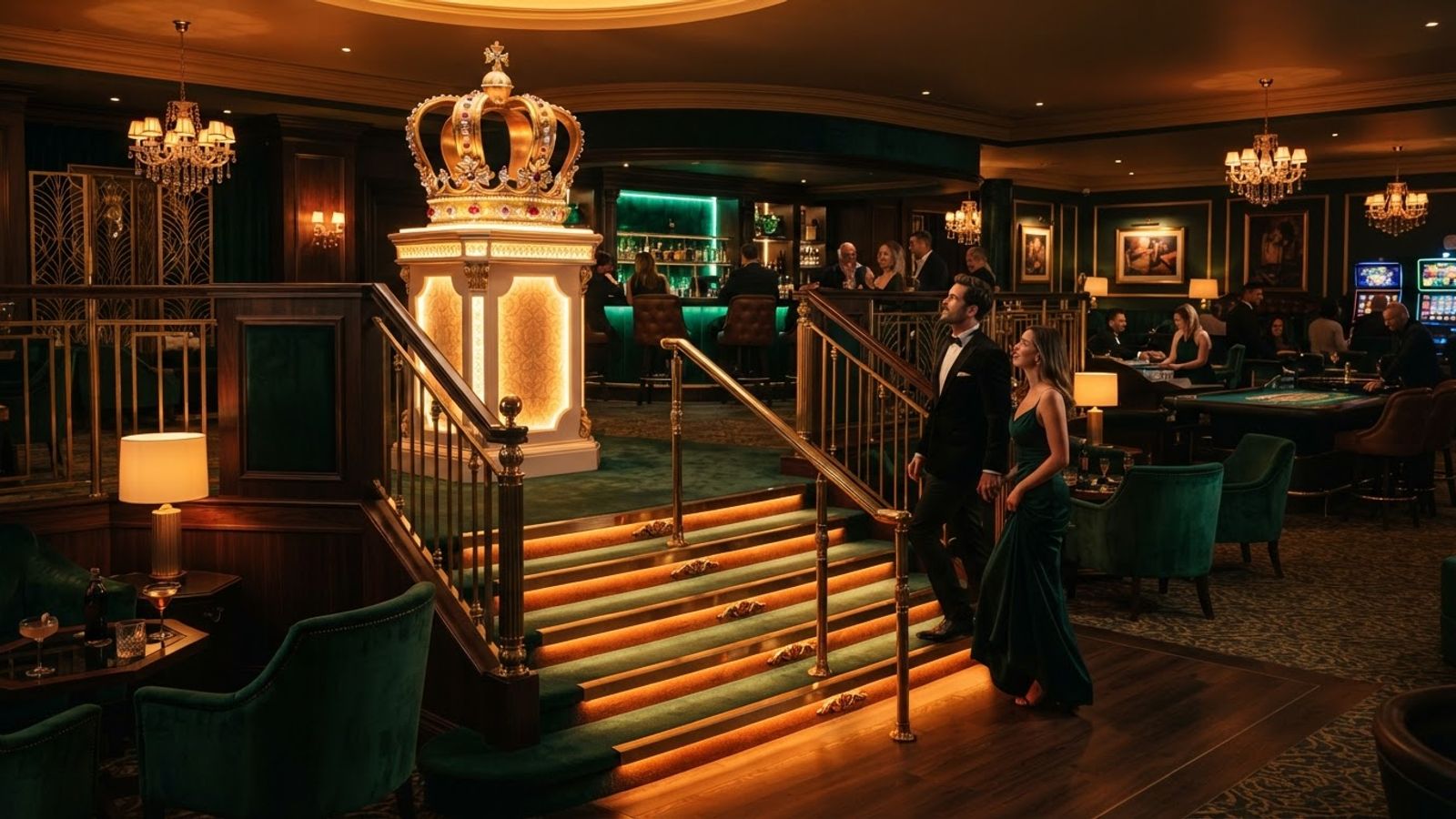 Salon VIP avec couronne dorée et niveaux de récompense